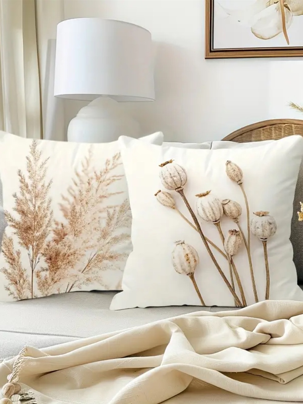 Set of 2 Neutral Botanical Throw Pillow Covers | Cream Poppy Design 18” x 18”